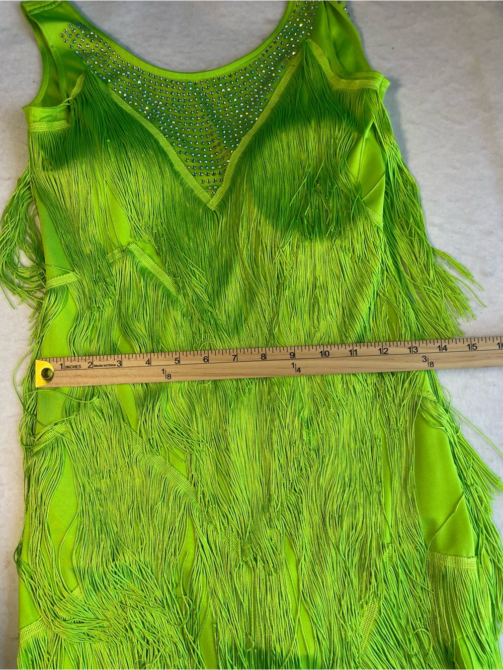Neon Lime Green Latin Salsa Ballroom Fringe Rhinestone Dance Dress | S/M - Picture 6 of 9